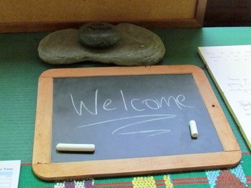 Photo of chalkboard with welcome written on it